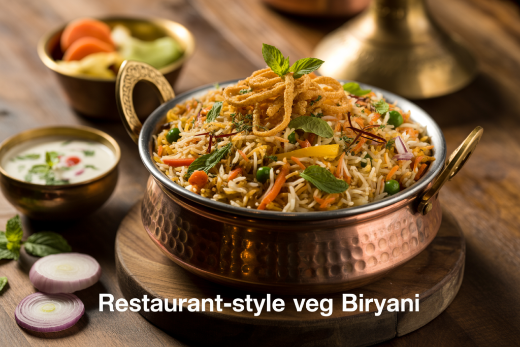 "Authentic veg biryani recipe served in a traditional handi with raita and onion salad.