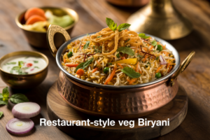"Authentic veg biryani recipe served in a traditional handi with raita and onion salad.